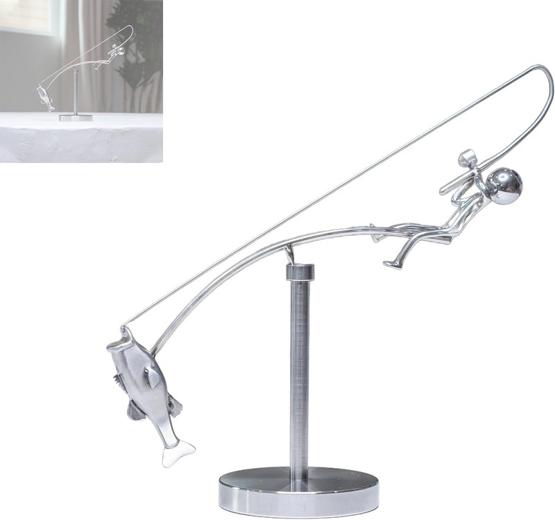 The Fisherman Balancing Sculpture, Kinetic Fishing Sculpture, Metal Fishing