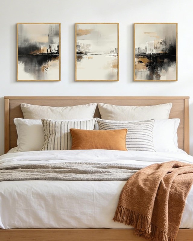 Black Gray Abstract Landscape Framed Wall Art Brown Tan Neutral Wall Decor Mi…