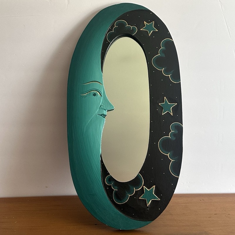 VTG Celestial Sun Moon Stars Mirror 16” Hand Painted Whimsygoth Oval Green Teal