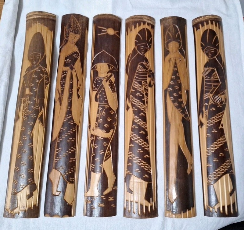 Set of 6 Carved Asian Art Bamboo Wall Hanging Art 17 Inches Tall Home Décor