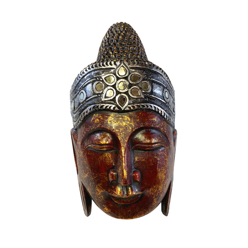 Sublime Buddha Mask Wall sculpture Hand Carved Wood Balinese art Handmade Red gallery