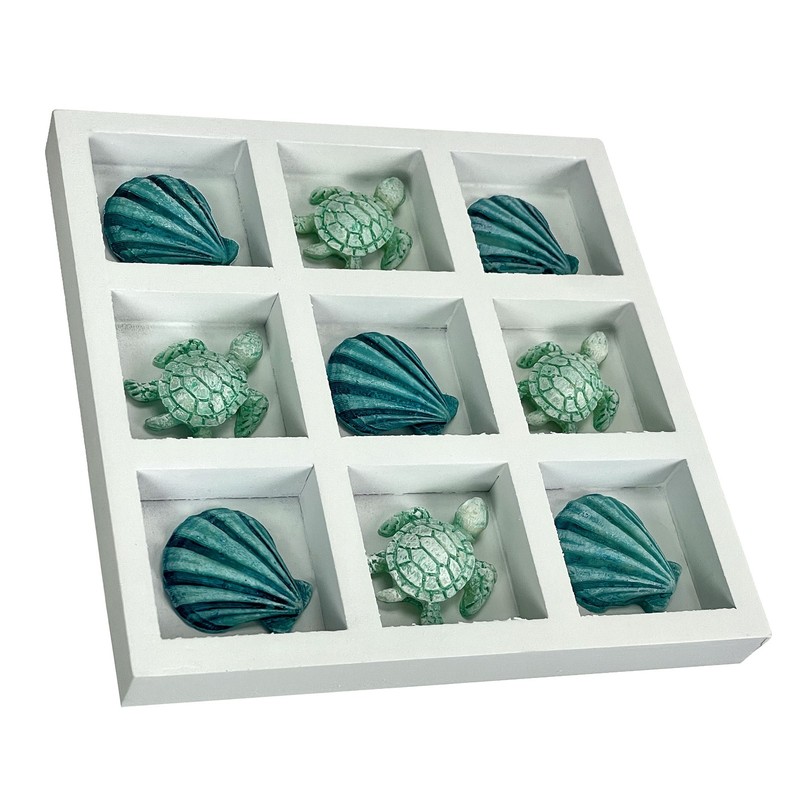 Coastal Shell & Sea Turtle Tic Tac Toe Table Accent Decor – 7 inch White Wood