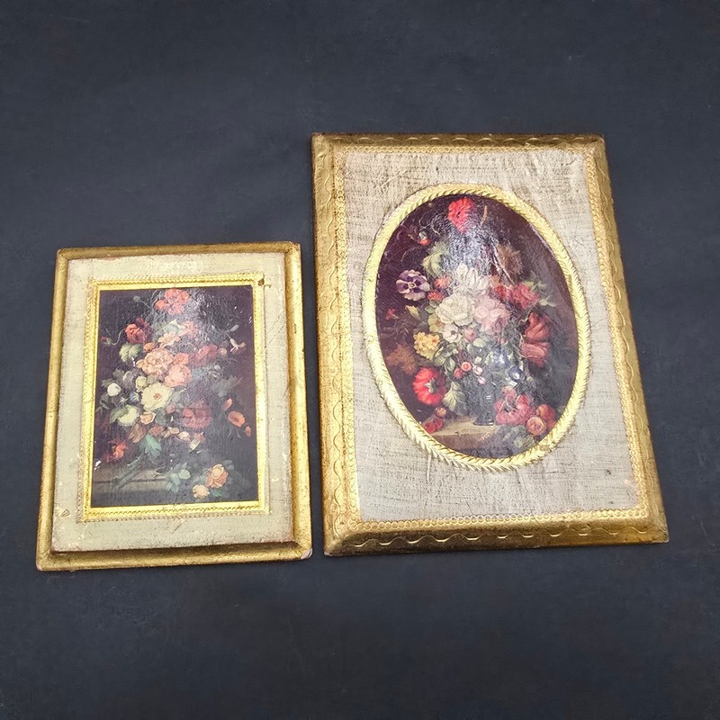 Vintage Italian Florentine Floral Wood Plaques Gold Gilt Wall Art Set of 2