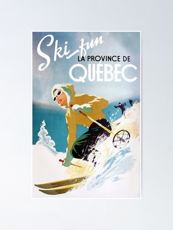 Vintage Ski Poster Woman Skiing in Quebec Winter Travel Print Retro Snow Sports