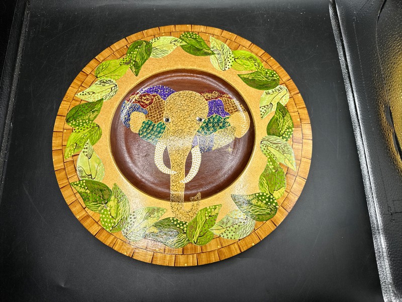 Signed Bibi Leon Hand Crafted Painted Round Wood Serving Charger Plate or Tray
