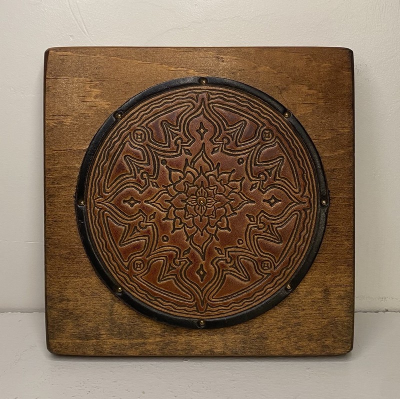 Wall Plaque Wood And Embossed Leather Floral/ Sun Mandala, Handmade Small