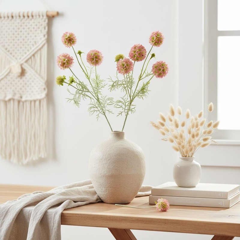 Artificial Scabiosa Flower Stems Pink Green Faux Wildflower Cottage Floral Fille gallery