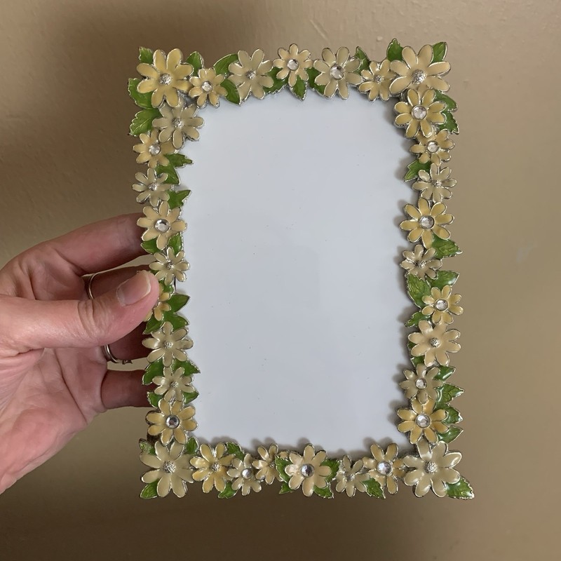 Yellow Enamel Daisy Flower Picture Frame Jeweled Accents Free Standing Boho 4x6