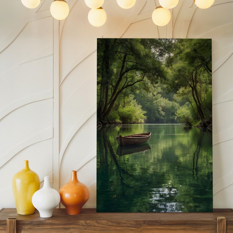 Serene River Landscape Canvas Art With Wooden Boat And Lush Green Trees Print gallery