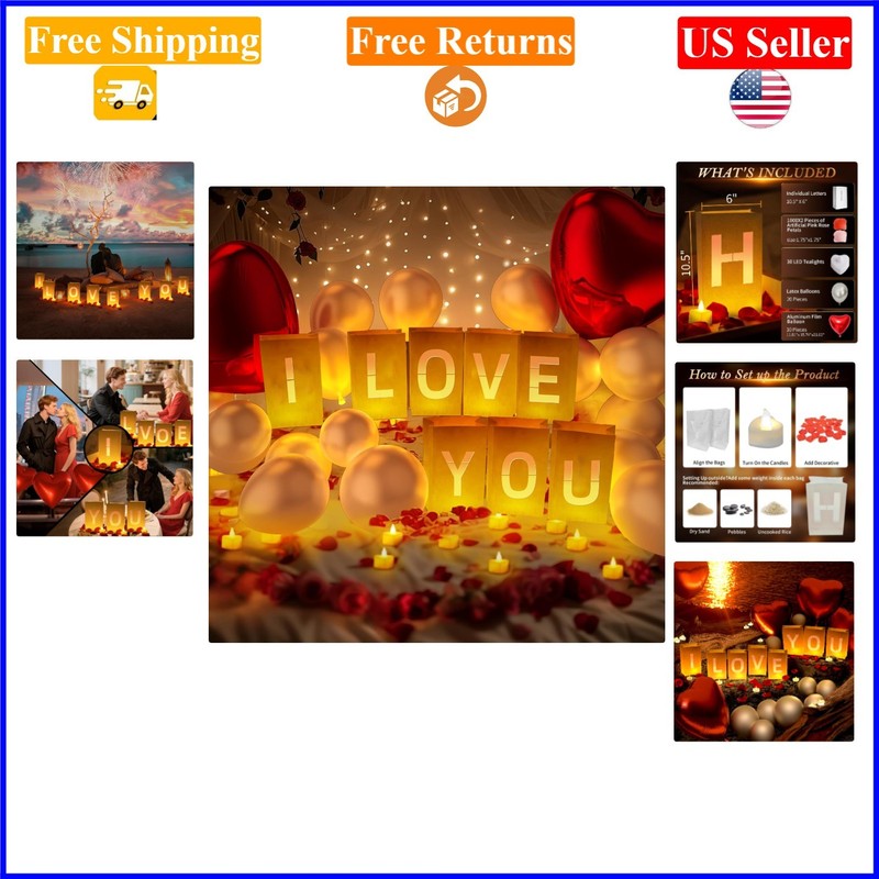 I Love You Light Up Letters with Candles, Balloons & Rose Petals for Romance