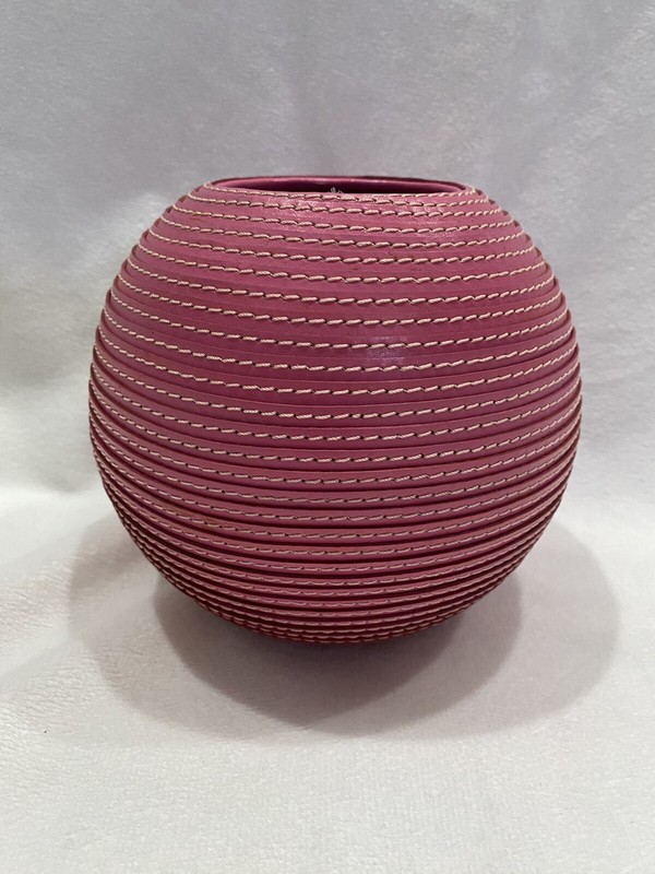 Crate And Barrel Pink Leather Round Vase 5 1/2 Inches Tall And 6 Inches Wide