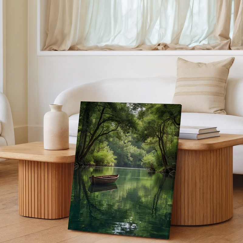 Serene River Landscape Canvas Art With Wooden Boat And Lush Green Trees Print gallery