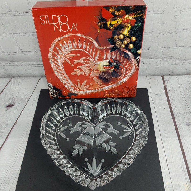 Studio Nova Heart And Bells Glass Tray-Dish 9″ For Wedding Or Christmas