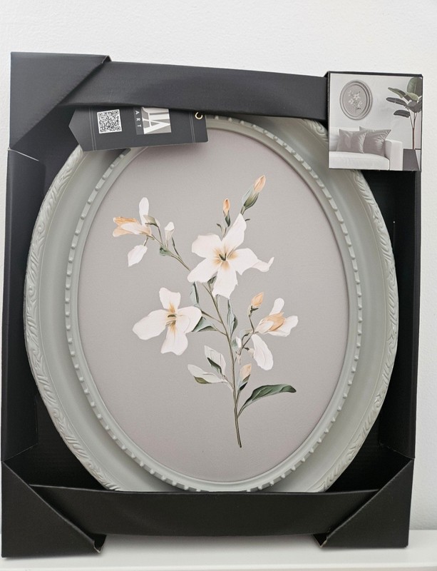 Bouquet Oval Wall Art. White & Orange Flowers with Green Leaves