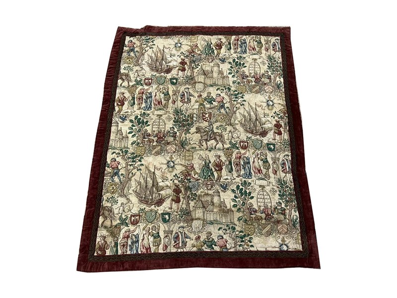 Vintage French Tapestry Pictorial Medieval Embroidered Wall Hanging