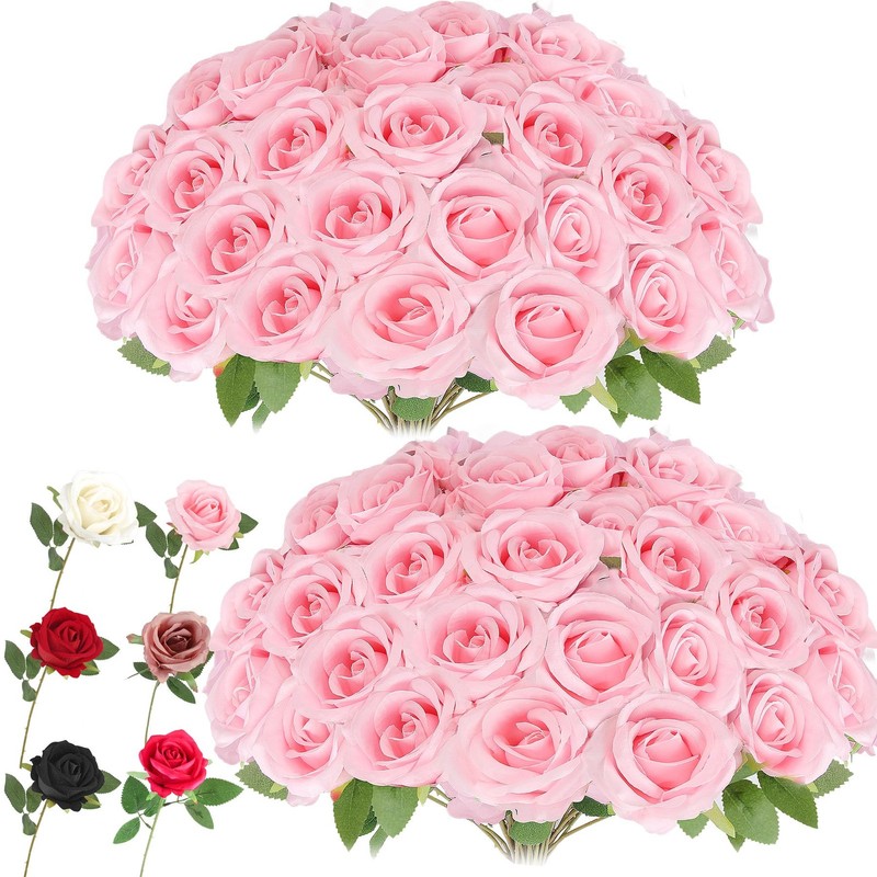 Artificial Roses Bulk Pink Silk Rose with Stem, 52pcs Fake Flowers Decoration…