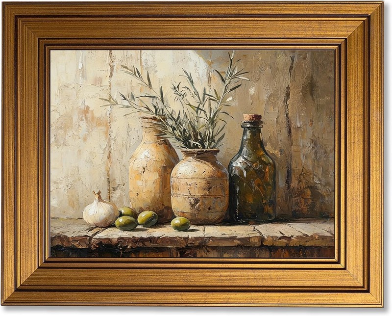 Framed Terracotta Jars Kitchen Still Life Canvas Wall Art, Vintage Gold Rusti…