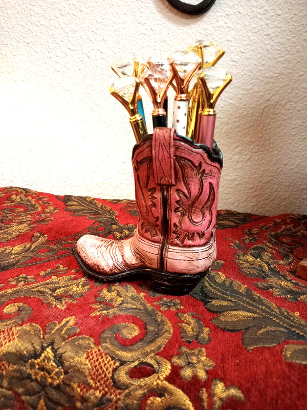 Pink Western Rustic Cowboy Cowgirl Hand Tooled Leather Look Boot Pen Holder gallery