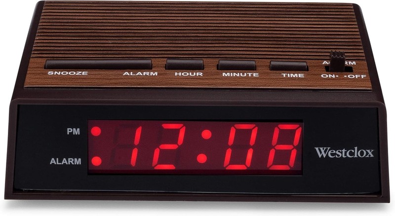 Westclox Retro Wood Style Small Night Table Alarm Clock with Red LED Display, 9-