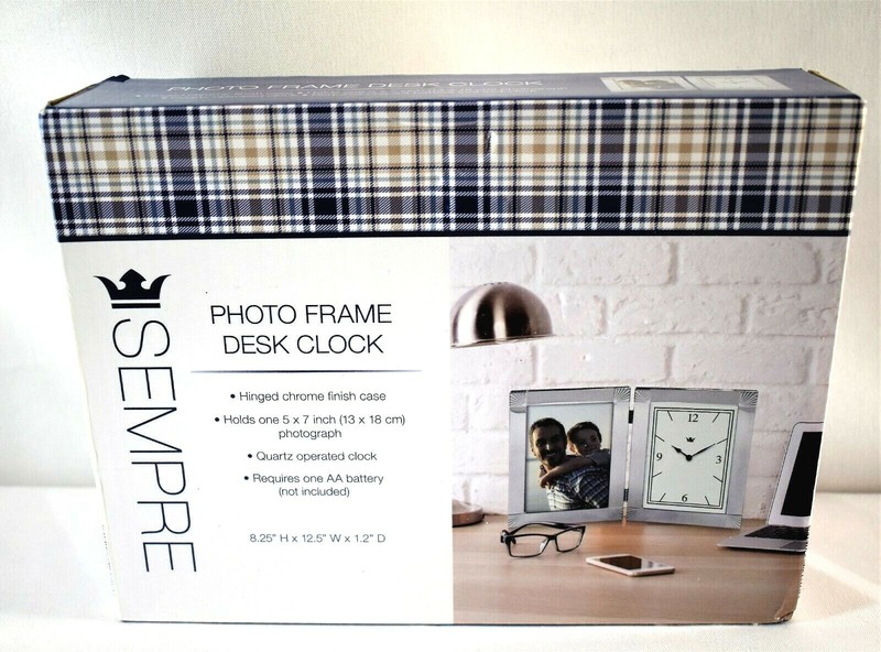 NIB Sempre Silver Photo Frame Desk Clock ~ Requires AA battery (Not included)