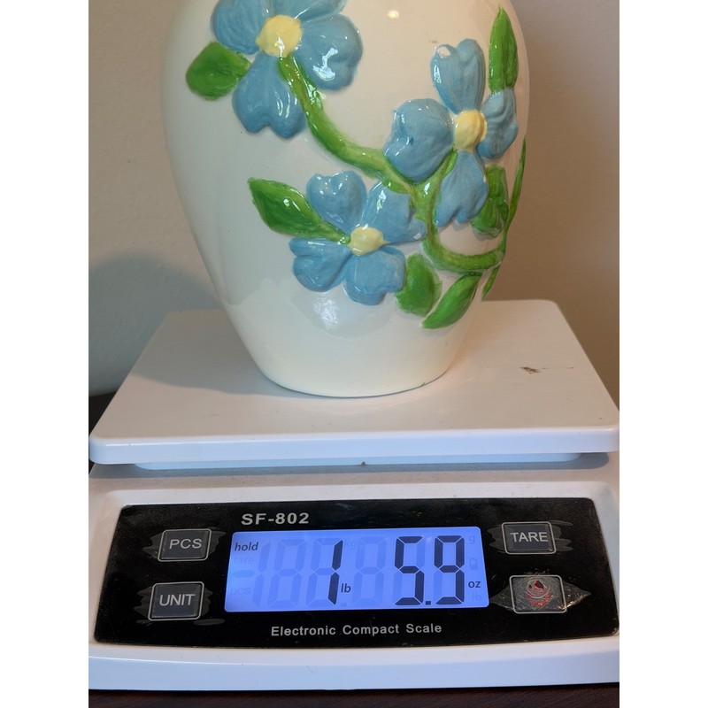 Vintage Hand Painted Blue Floral Relief Ceramic Vase Cream 7.5" Cottagecore gallery