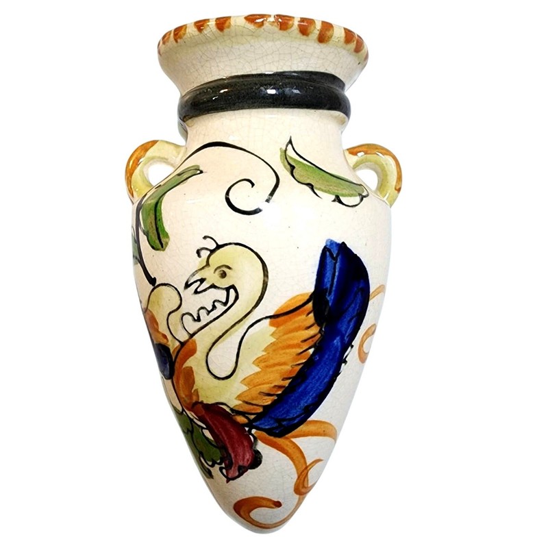 Vintage Japan Floral Bird Wall Pocket Vase Hand Painted Urn Shape 1940s gallery