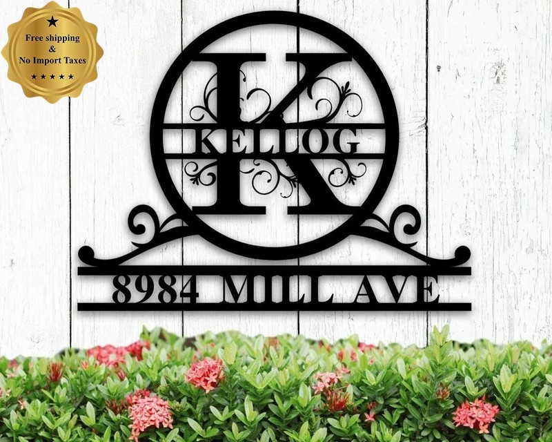 Personalized Last Name & Address Metal Sign, Custom Monogram House Number Sign