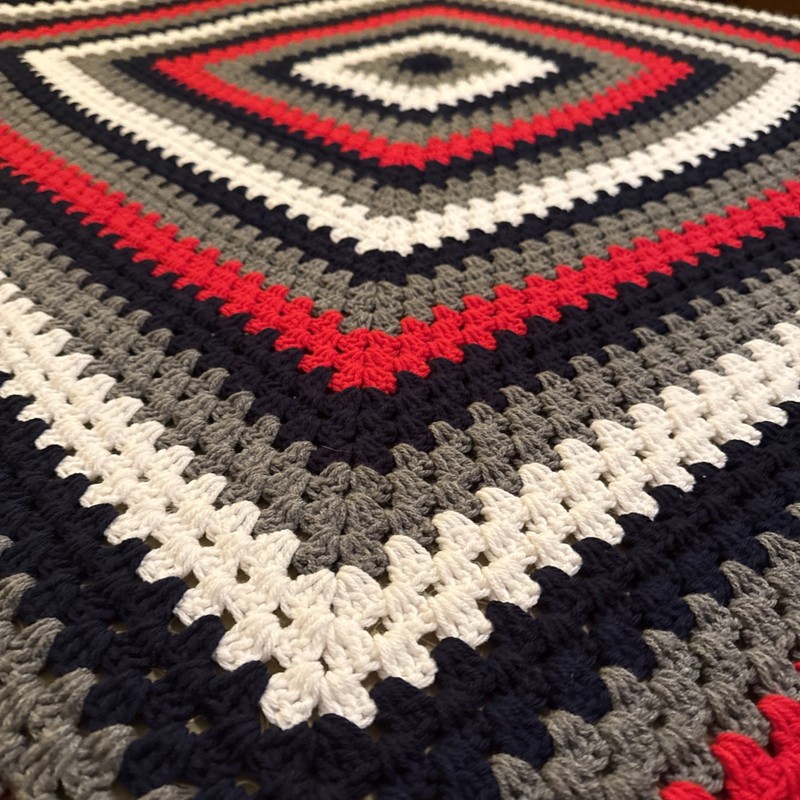 Handmade Crocheted Afghan Red Black White Gray 60” x 60” Throw Blanket