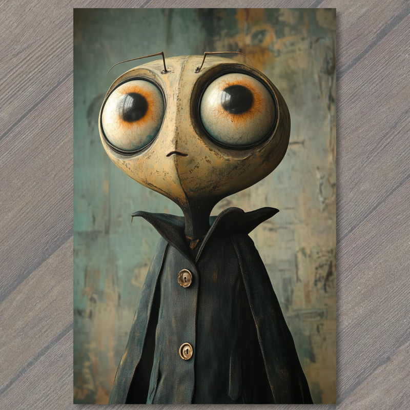 Art Print Whimsical Character Black Coat Sad Expression Unique Peculiar cute