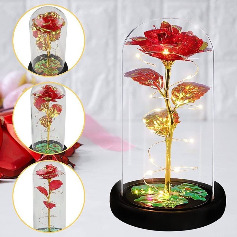 2 Pack LED Rose Flower Light Glass Dome Artificial Rose Night Lamp Gift gallery