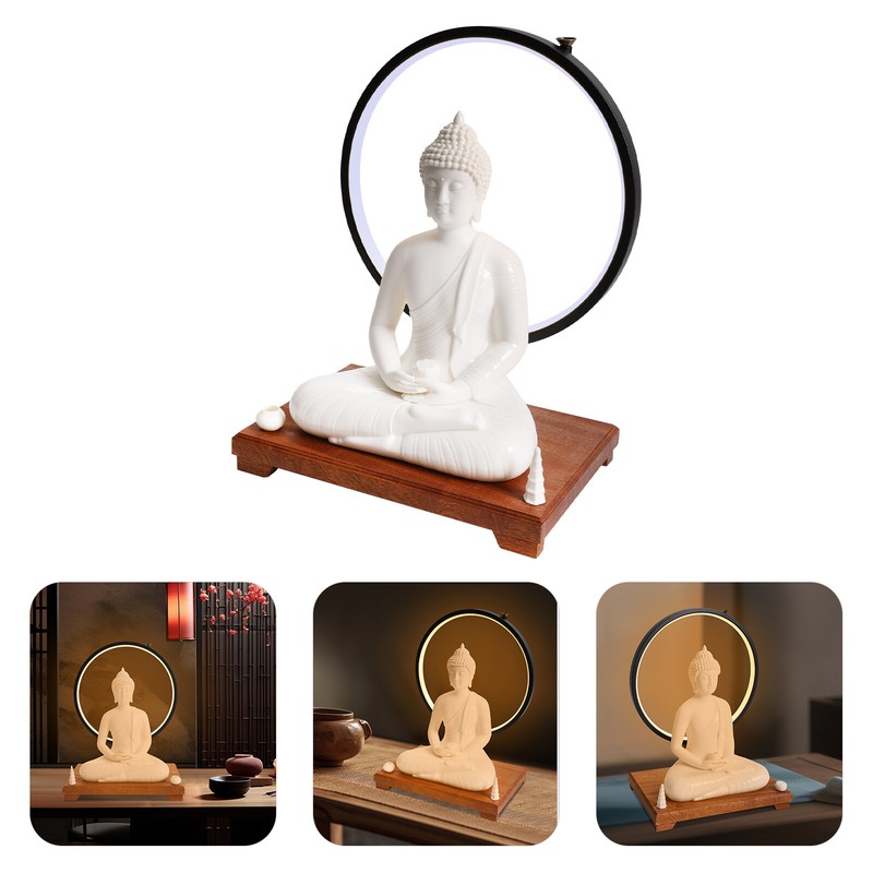 Indoor Ceramic Buddha Statue Buddha Statue and LED Circle Table Lamp for Homes