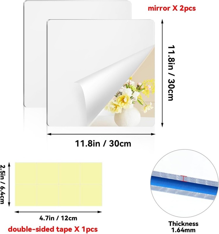 2 Pack Self Adhesive Acrylic Mirror, 2MM Flexible Plastic Mirror, Shatterproo... gallery