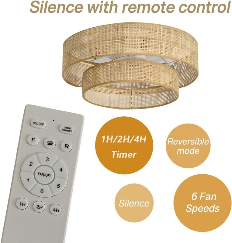 20 inches Flush Mount Bamboo Wicker Boho Ceiling Fan wi/ Light,Bladeless Fandeli gallery