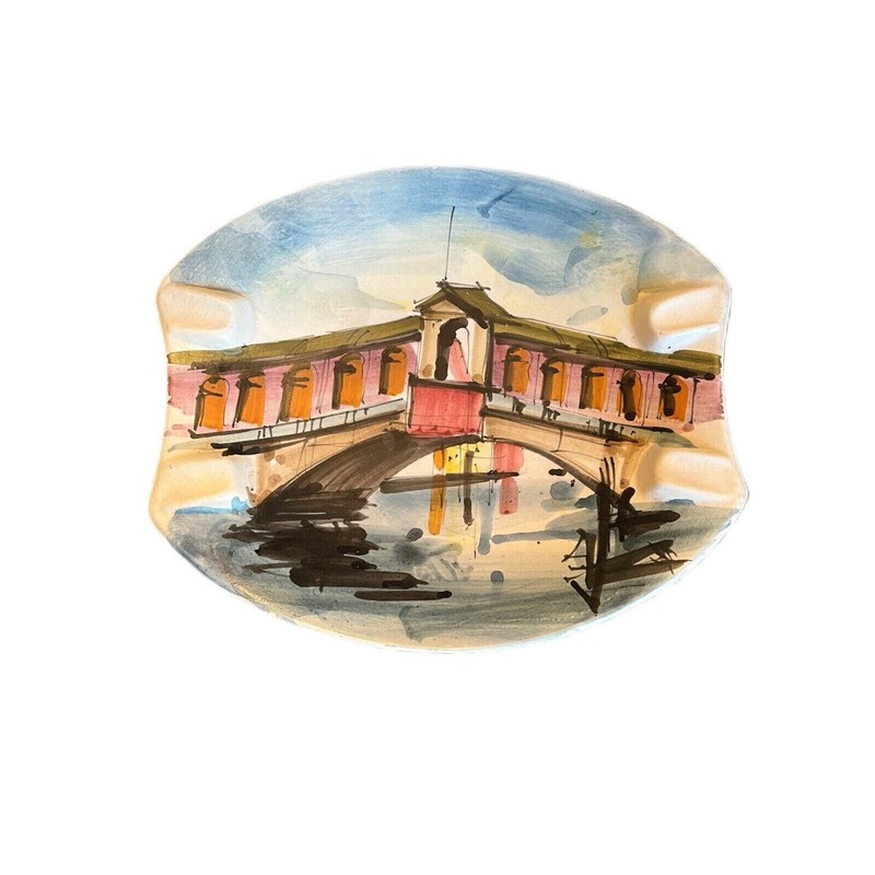 Vintage Trinket Dish Plate Ashtray Made in Italy Hand Painted Bridge Water Scene