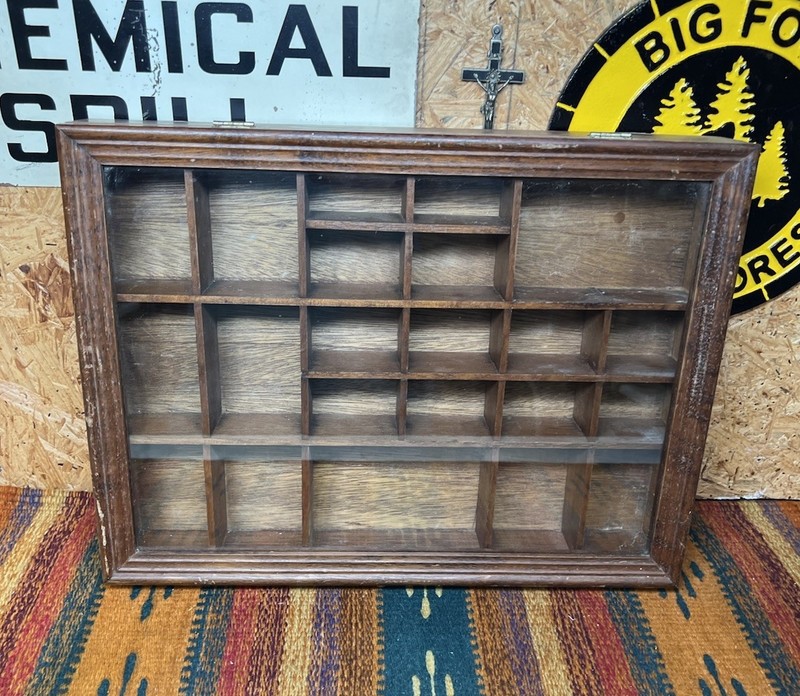 Vintage Wood Display Case 22 Compartment Trinket Hanging Shelf Glass 12″x16″