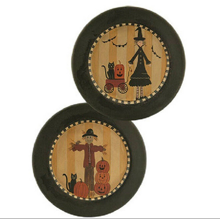 Farmhouse Country Fall Witch and Scarecrow Wooden Plates – Set of 2