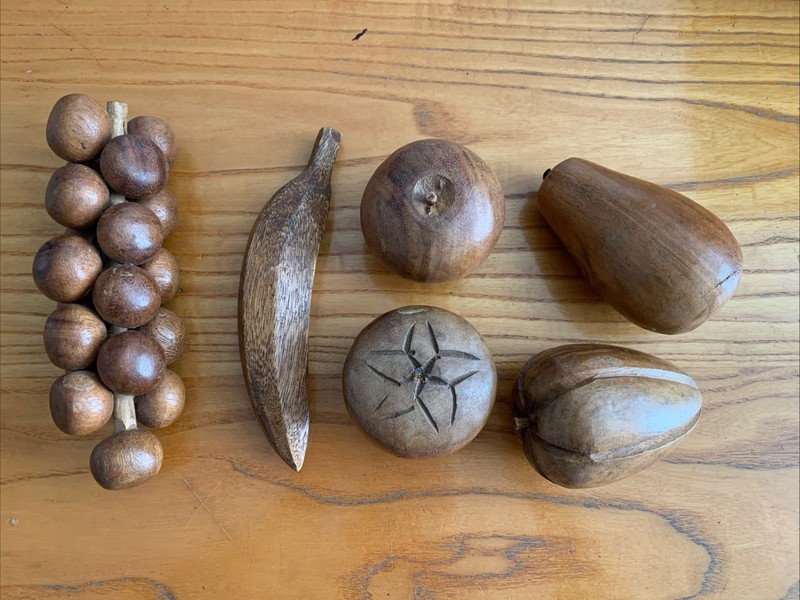 Vintage MCM Hand Carved Wooden Teak Fruit And Vegetable Lot 6 Pieces
