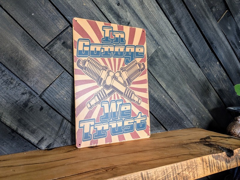 In Garage We Trust Spark Plug Sign - Mechanic Shop Decor - 8 x 12 in