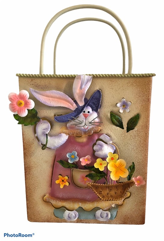 NEW Home Interiors 11092 Metal Tin Decorative Planter Sack Bunny Rabbit Spring