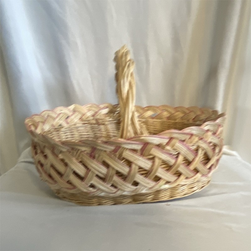 Handmade Oval Wicker Basket with Handle, Beige Pink, 11x8x8 in