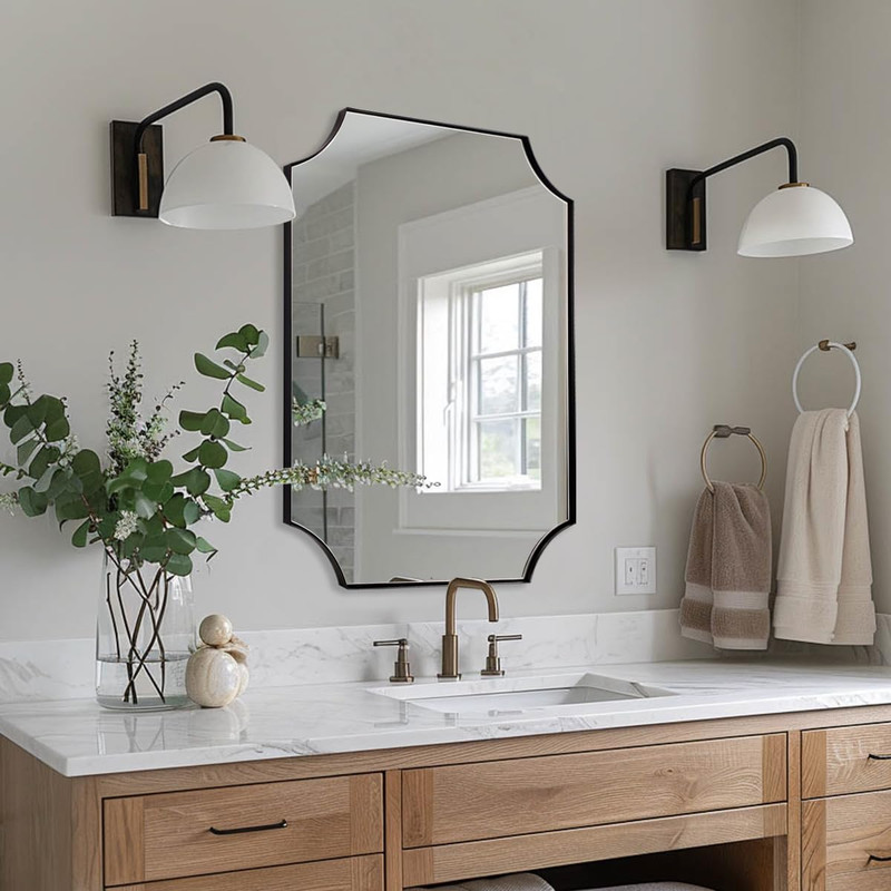 Matte Black Asymmetrical Wall Mirror, 24x36 Scalloped Design, Versatile Mounting gallery