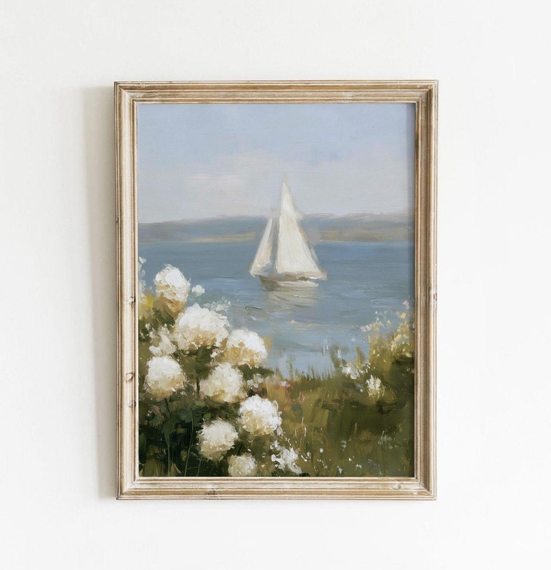 White Sailboat Poster Coastal Wall Art Vintage Oil Painting Nautical Decor