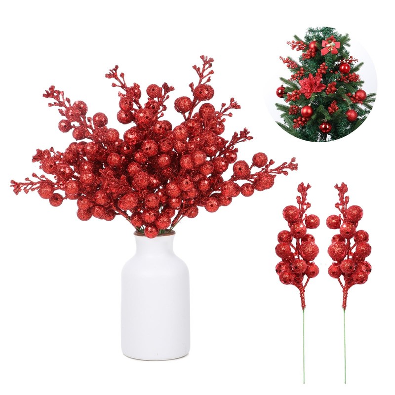14 Pack 7.8 Inch Christmas Red Stems for Christmas Tree, Glitter Picks, DIY W…