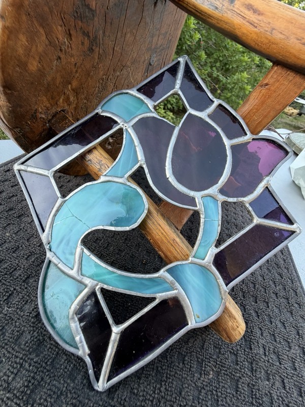 Vintage Stained Glass Metal Suncatcher 10 in Tulip Art Glass