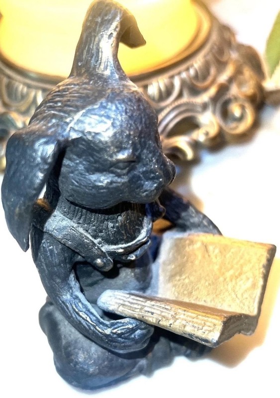 Vtg Andrea by Sadek cast iron black rabbit reading paper weight book end 3×4.5