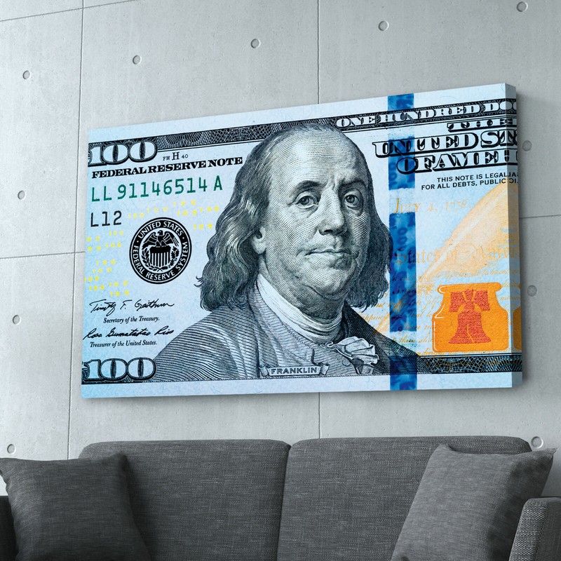 100 Dollar Bill Canvas Print | Money Art | Motivational Quote Extra Large Canvas