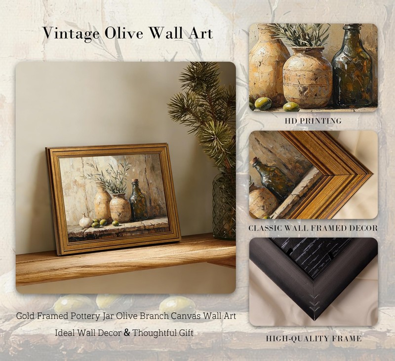 Framed Terracotta Jars Kitchen Still Life Canvas Wall Art, Vintage Gold Rusti... gallery