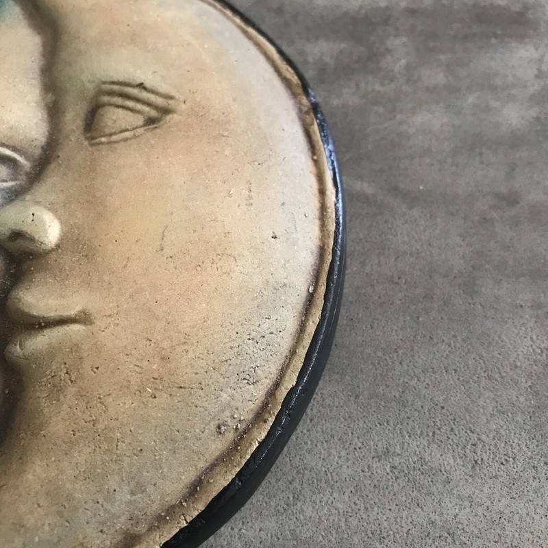 Celestial Sun Moon Face Pottery Wall Hanging Decor 90s Handpainted Art Whimsical gallery
