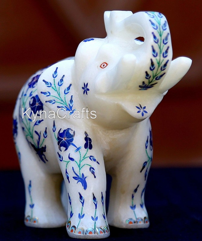 5 Inches Marble Elephant Statue Lapis Lazuli Stone Inlay Work Gift-able Elephant gallery