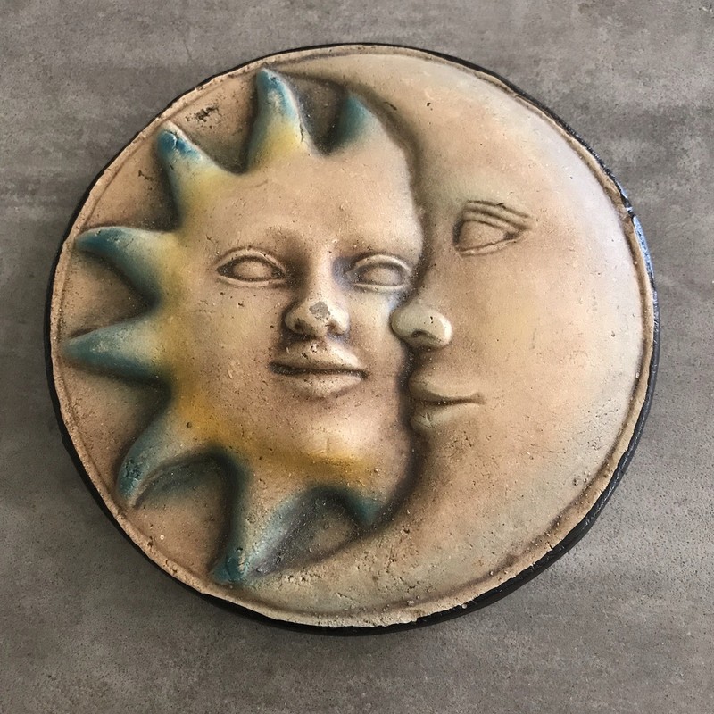 Celestial Sun Moon Face Pottery Wall Hanging Decor 90s Handpainted Art Whimsical